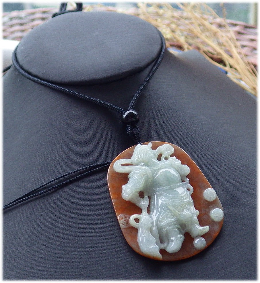 Certified Hand Carved Green Red 100% Natural Myanmar Burma A Jade jadeite Fight God Guan Gong God Guangyu Broadword Pendant Necklace