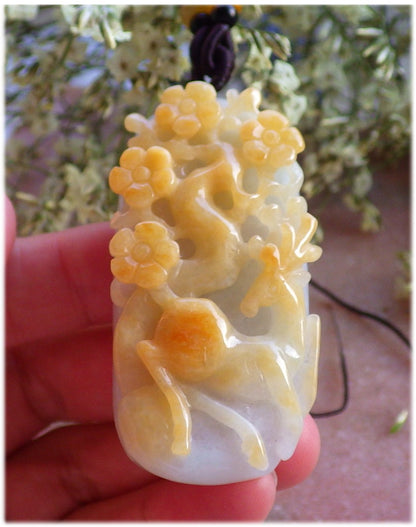 Certified Hand Carved Yellow Natural Myanmar Burma Grade A Jade jadeite Deer Flower Pendant Necklace