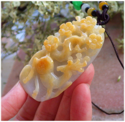 Certified Hand Carved Yellow Natural Myanmar Burma Grade A Jade jadeite Deer Flower Pendant Necklace