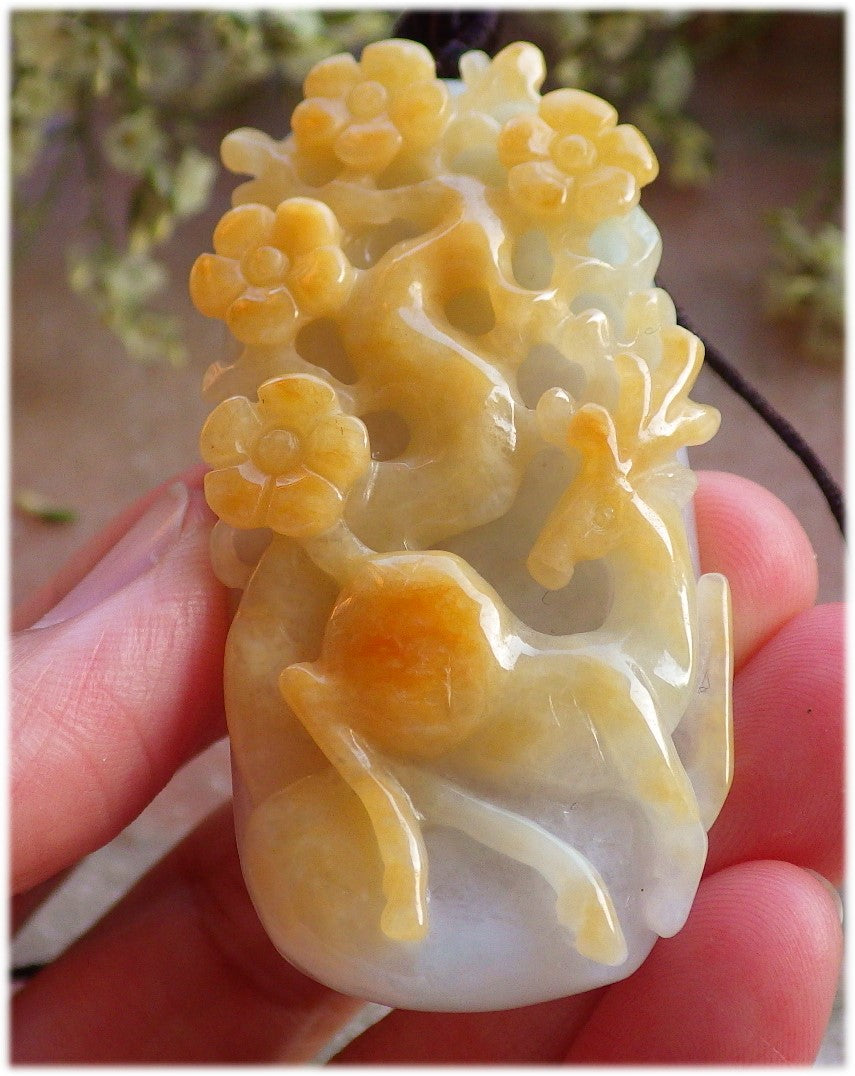 Certified Hand Carved Yellow Natural Myanmar Burma Grade A Jade jadeite Deer Flower Pendant Necklace