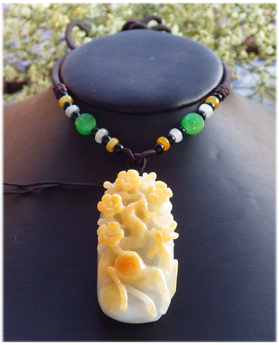 Certified Hand Carved Yellow Natural Myanmar Burma Grade A Jade jadeite Deer Flower Pendant Necklace