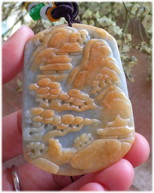 Certified Hand Carved Yellow Natural Myanmar Burma A Jade jadeite Landscape painting Tree Pendant Necklace