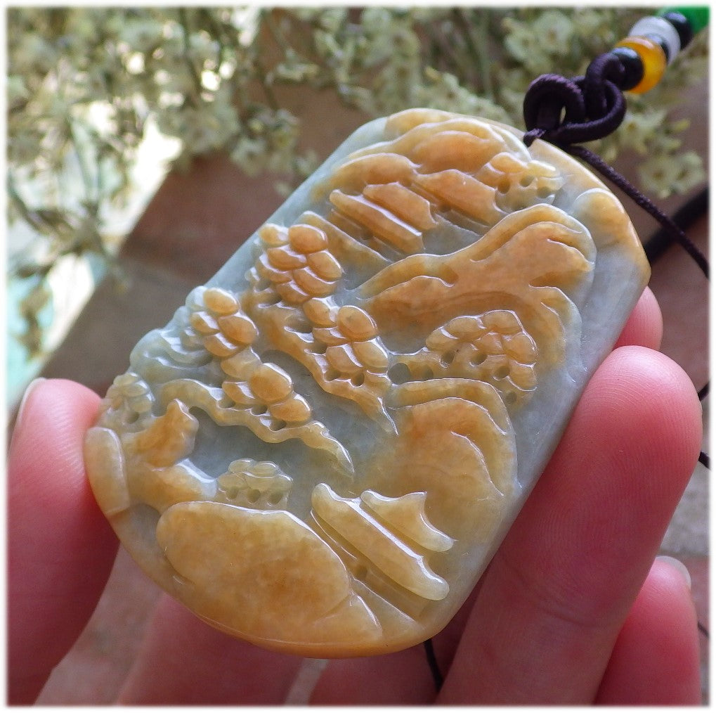 Certified Hand Carved Yellow Natural Myanmar Burma A Jade jadeite Landscape painting Tree Pendant Necklace