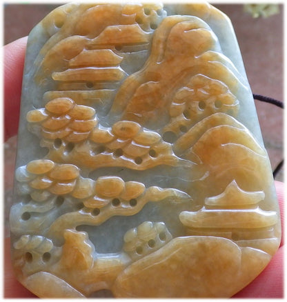 Certified Hand Carved Yellow Natural Myanmar Burma A Jade jadeite Landscape painting Tree Pendant Necklace