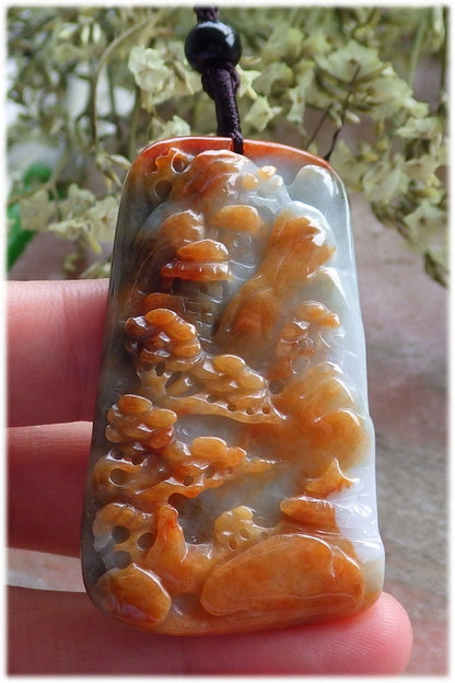 Certified Hand Carved Red Green Yellow Natural Myanmar Burma A Jade jadeite Landscape painting Tree Pendant Necklace