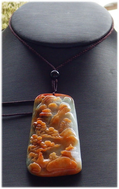 Certified Hand Carved Red Green Yellow Natural Myanmar Burma A Jade jadeite Landscape painting Tree Pendant Necklace