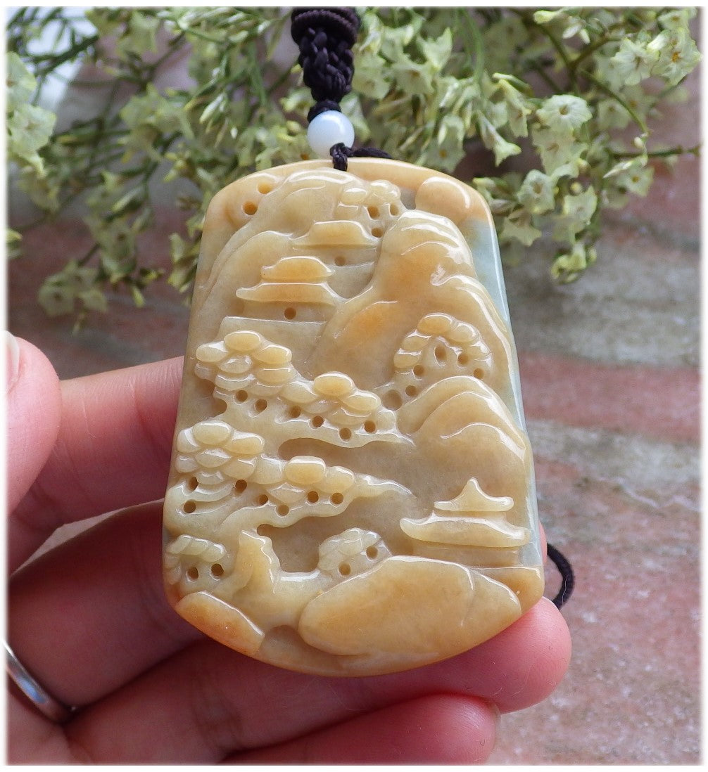 Certified Hand Carved Yellow Natural Myanmar Burma A Jade jadeite Landscape painting Tree Pendant Necklace