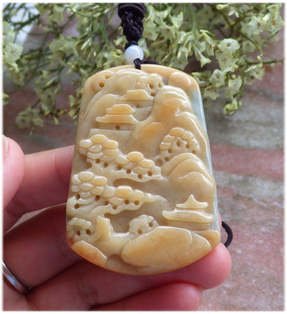 Certified Hand Carved Yellow Natural Myanmar Burma A Jade jadeite Landscape painting Tree Pendant Necklace