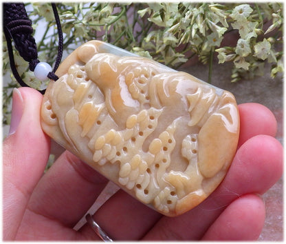 Certified Hand Carved Yellow Natural Myanmar Burma A Jade jadeite Landscape painting Tree Pendant Necklace