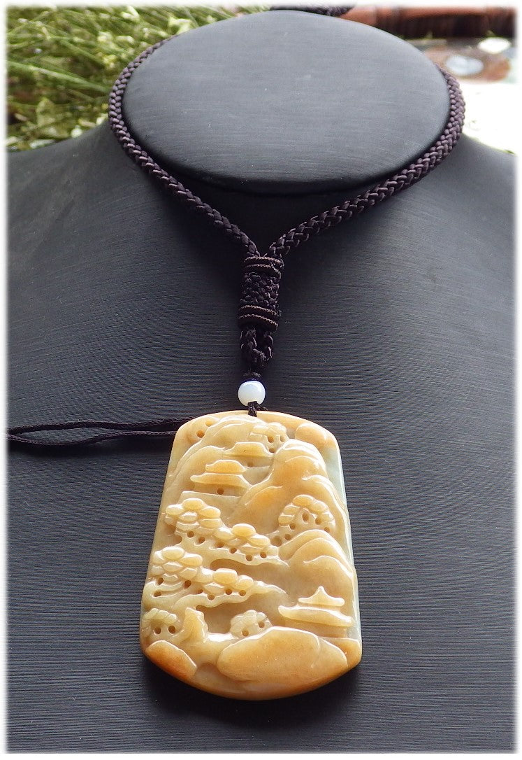 Certified Hand Carved Yellow Natural Myanmar Burma A Jade jadeite Landscape painting Tree Pendant Necklace