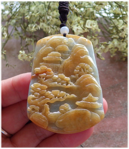 Certified Hand Carved Yellow Natural Myanmar Burma A Jade jadeite Landscape painting Tree Pendant Necklace