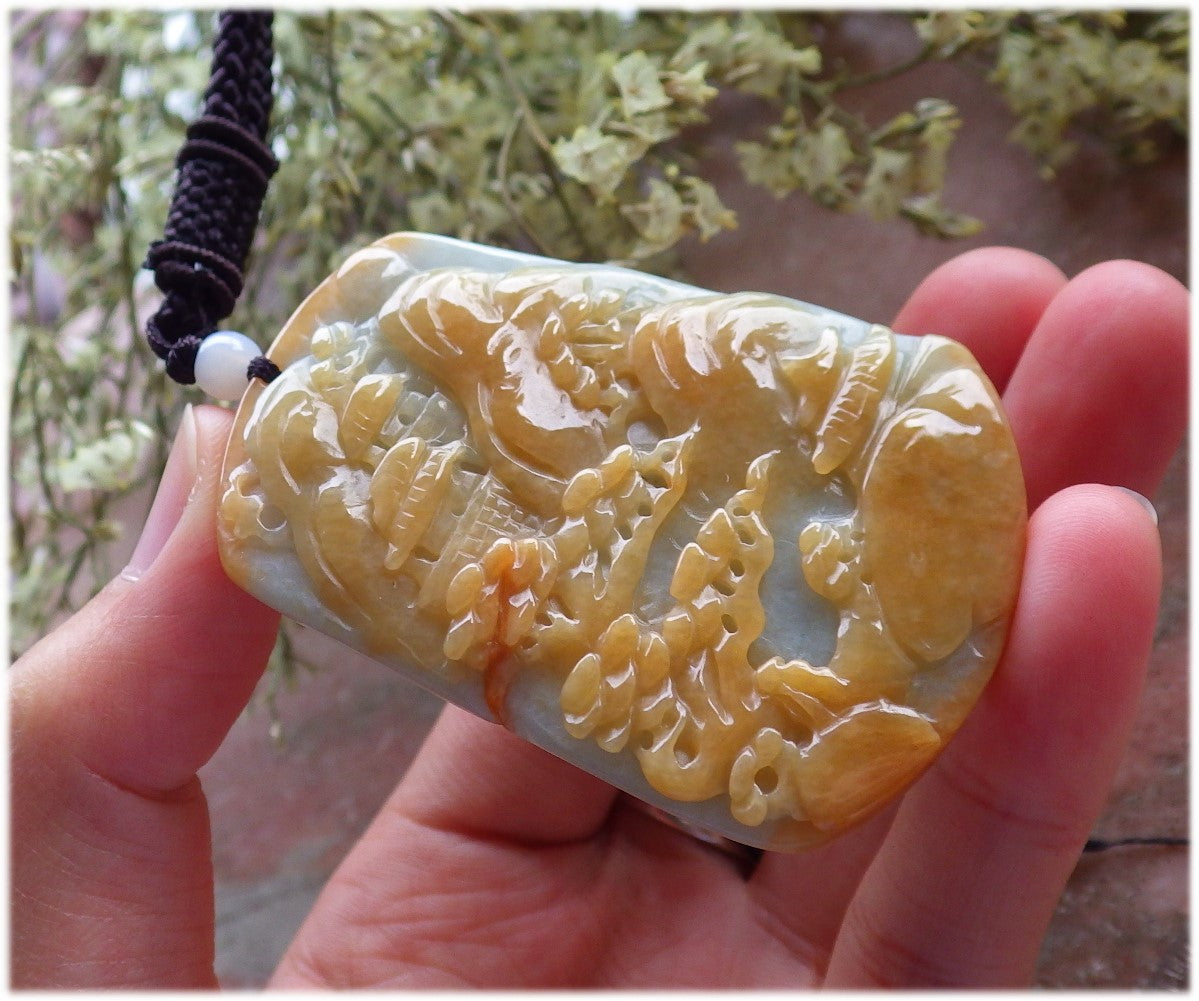 Certified Hand Carved Yellow Natural Myanmar Burma A Jade jadeite Landscape painting Tree Pendant Necklace