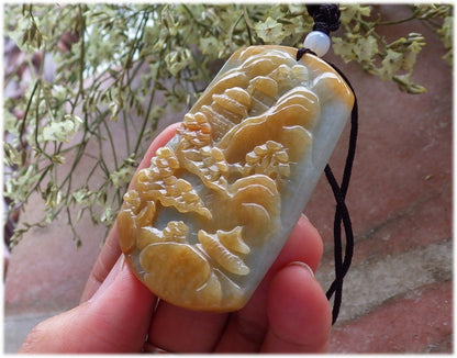 Certified Hand Carved Yellow Natural Myanmar Burma A Jade jadeite Landscape painting Tree Pendant Necklace