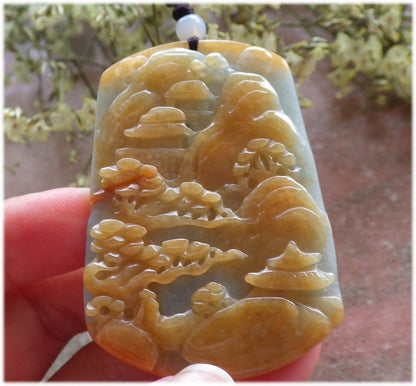 Certified Hand Carved Yellow Natural Myanmar Burma A Jade jadeite Landscape painting Tree Pendant Necklace