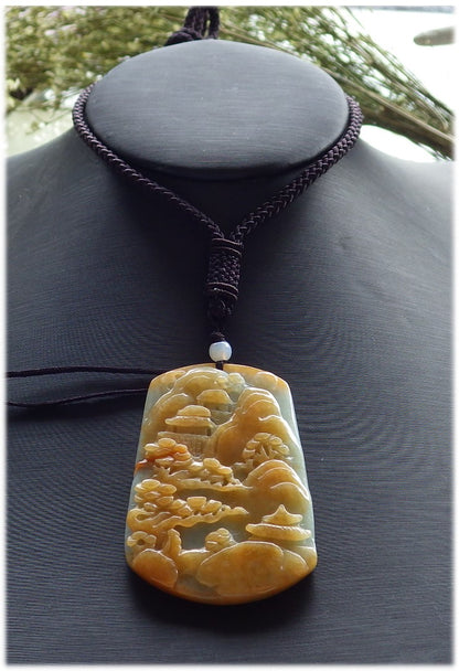 Certified Hand Carved Yellow Natural Myanmar Burma A Jade jadeite Landscape painting Tree Pendant Necklace