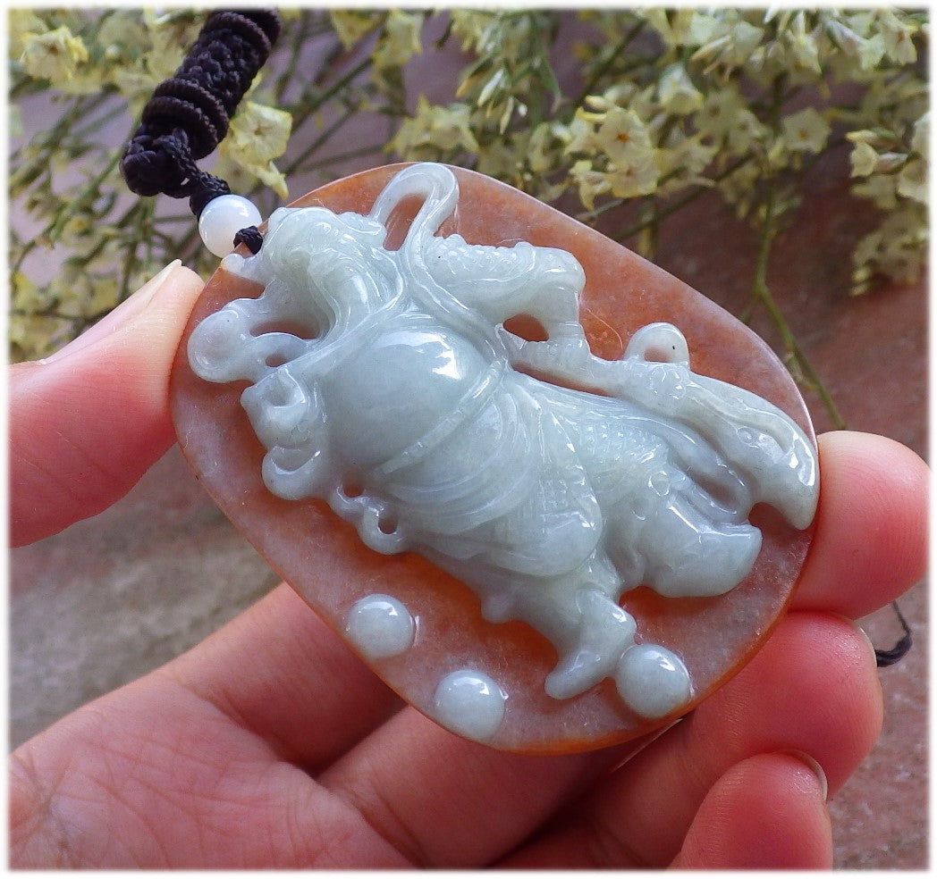 Certified Hand Carved Green Yellow 100% Natural Myanmar Burma A Jade jadeite Fight God Guan Gong God Guangyu Broadword Pendant Necklace