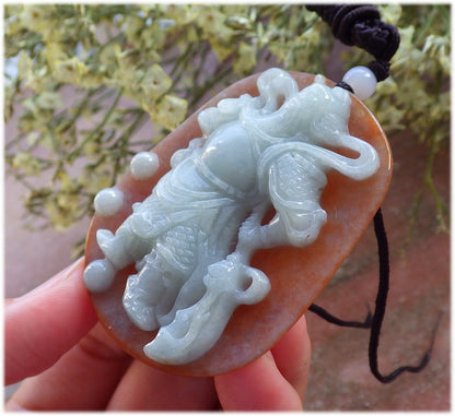 Certified Hand Carved Green Yellow 100% Natural Myanmar Burma A Jade jadeite Fight God Guan Gong God Guangyu Broadword Pendant Necklace