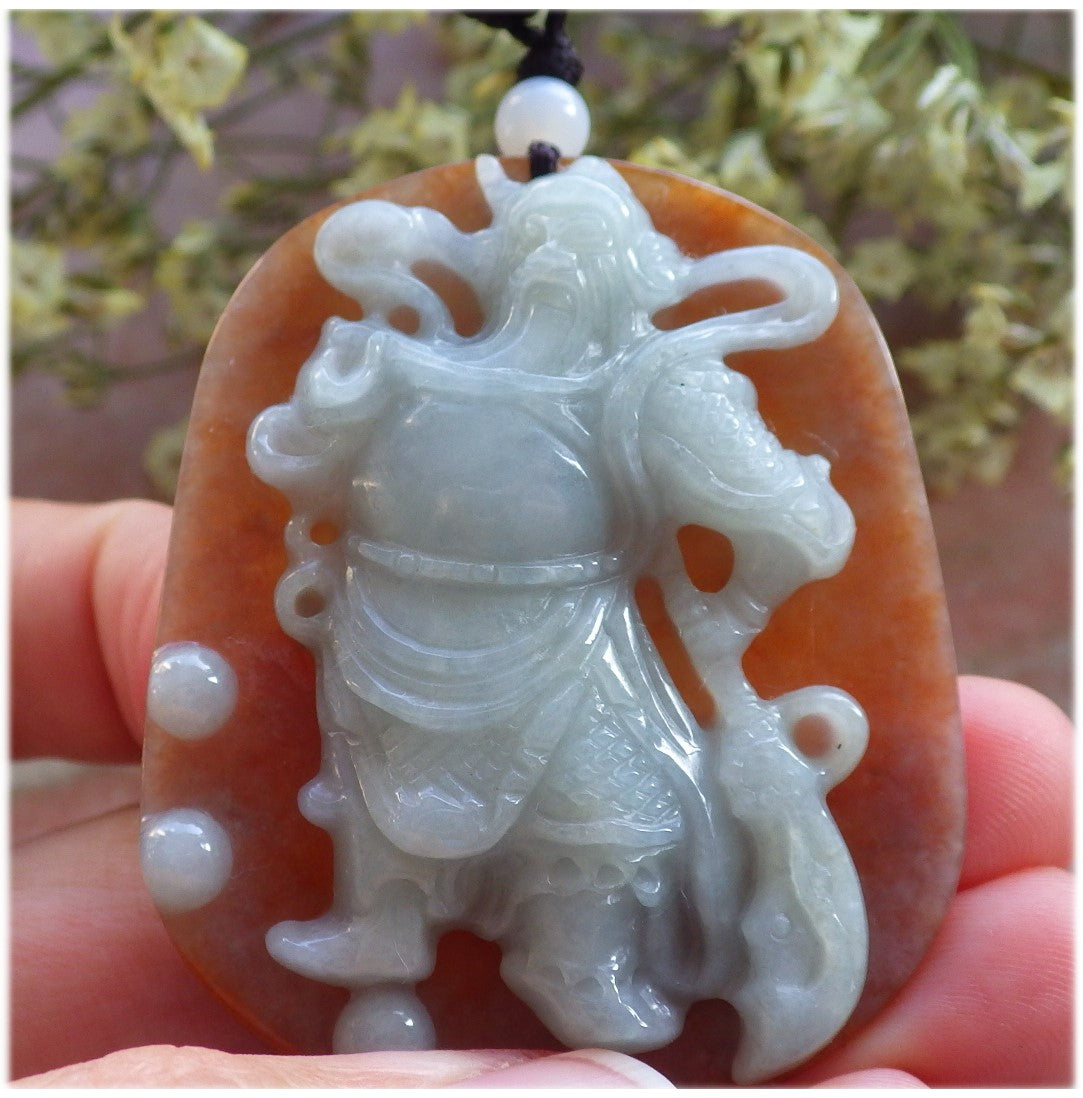 Certified Hand Carved Green Yellow 100% Natural Myanmar Burma A Jade jadeite Fight God Guan Gong God Guangyu Broadword Pendant Necklace