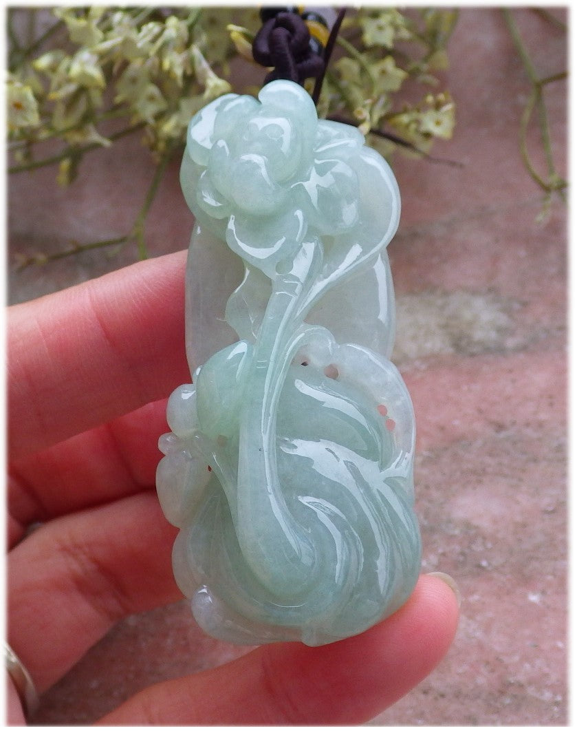 Certified Hand Carved Green Natural Burma A Jade Jadeite Ruyi Orchid Flower Pendant Necklace