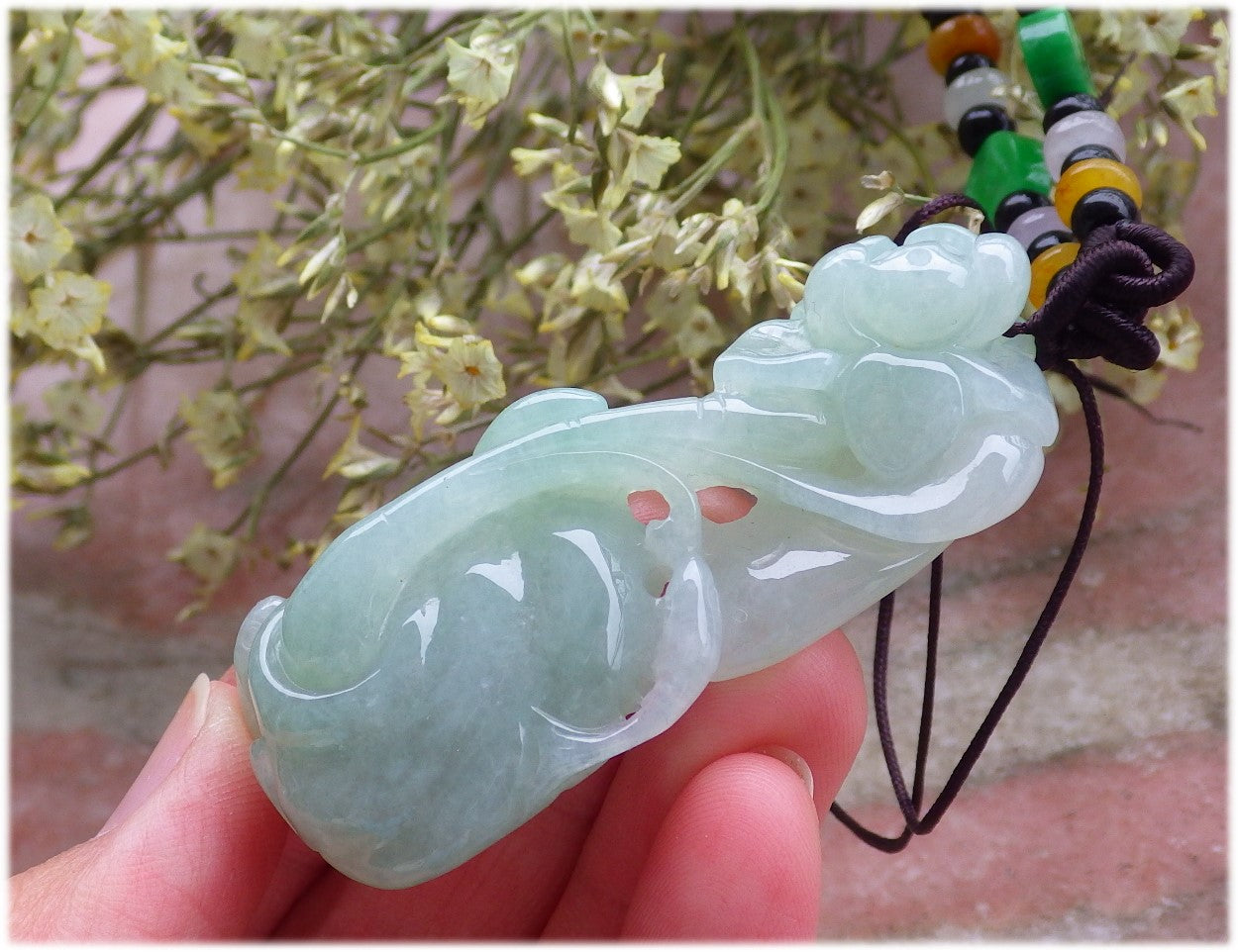 Certified Hand Carved Green Natural Burma A Jade Jadeite Ruyi Orchid Flower Pendant Necklace