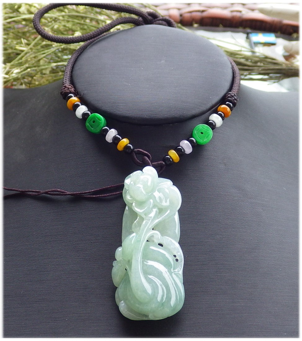 Certified Hand Carved Green Natural Burma A Jade Jadeite Ruyi Orchid Flower Pendant Necklace