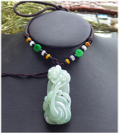 Certified Hand Carved Green Natural Burma A Jade Jadeite Ruyi Orchid Flower Pendant Necklace