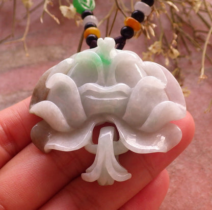 Certified Hand Carved Green Natural Myanmar Burma A Jade Jadeite Rose Flower Circle Ring Pendant Necklace