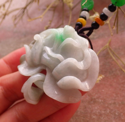 Certified Hand Carved Green Natural Myanmar Burma A Jade Jadeite Rose Flower Circle Ring Pendant Necklace