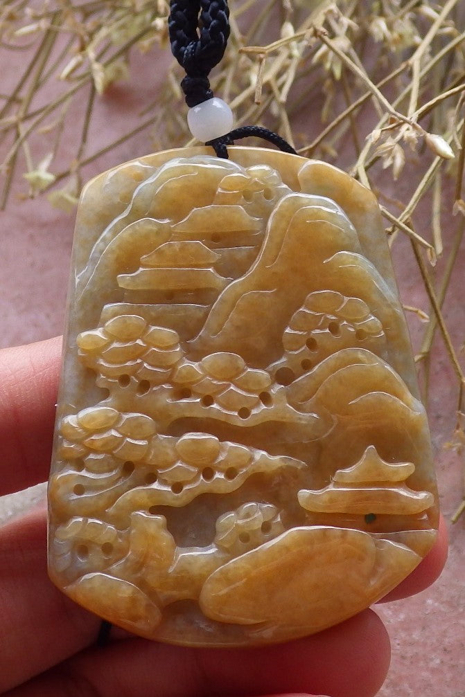 Certified Hand Carved Yellow Natural Myanmar Burma A Jade jadeite Landscape painting Tree Pendant Necklace