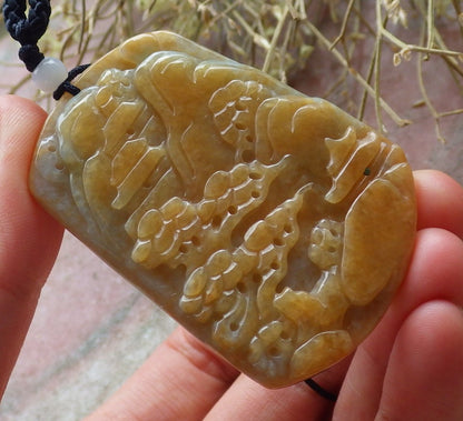 Certified Hand Carved Yellow Natural Myanmar Burma A Jade jadeite Landscape painting Tree Pendant Necklace