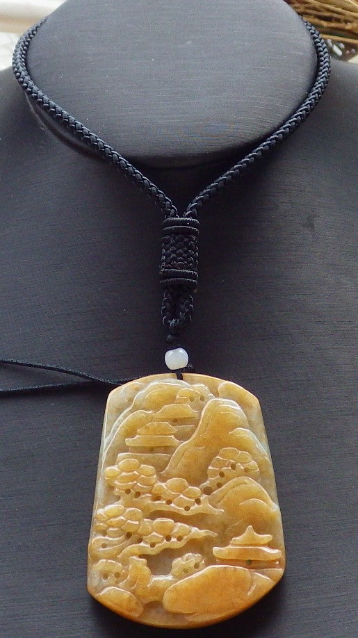 Certified Hand Carved Yellow Natural Myanmar Burma A Jade jadeite Landscape painting Tree Pendant Necklace