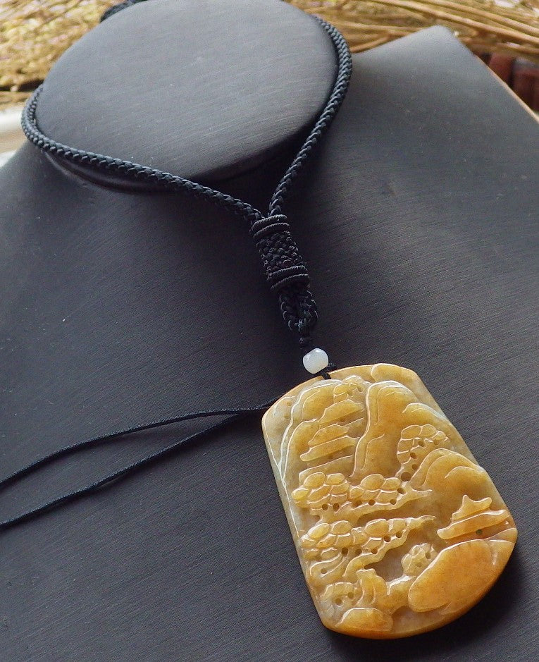 Certified Hand Carved Yellow Natural Myanmar Burma A Jade jadeite Landscape painting Tree Pendant Necklace