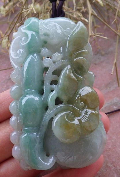 Certified Hand Carved Green Natural Myanmar Burma A Jade jadeite Dragon Lotus Flower Pendant Necklace