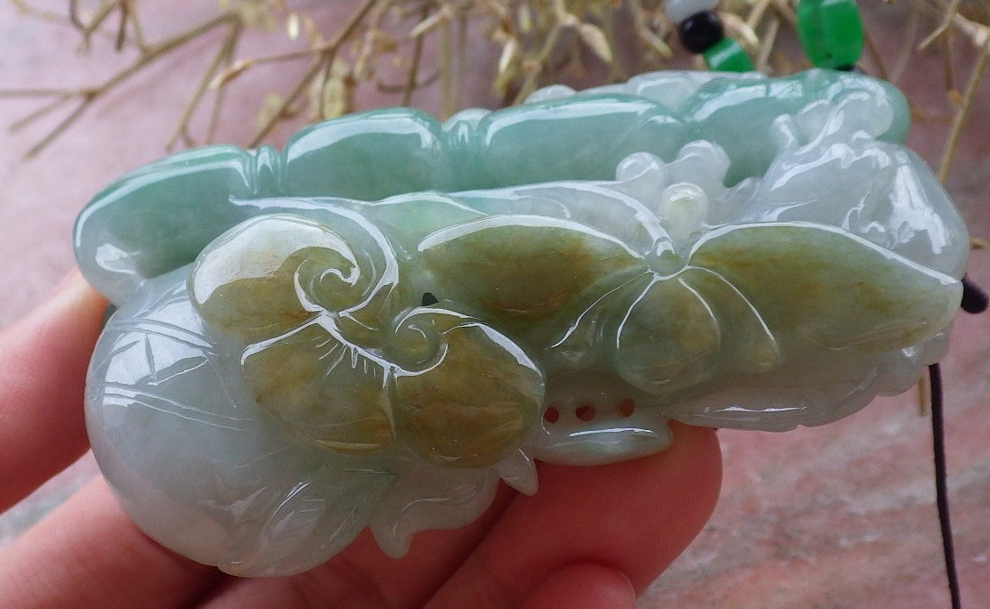 Certified Hand Carved Green Natural Myanmar Burma A Jade jadeite Dragon Lotus Flower Pendant Necklace