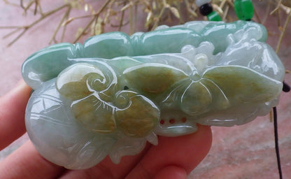 Certified Hand Carved Green Natural Myanmar Burma A Jade jadeite Dragon Lotus Flower Pendant Necklace