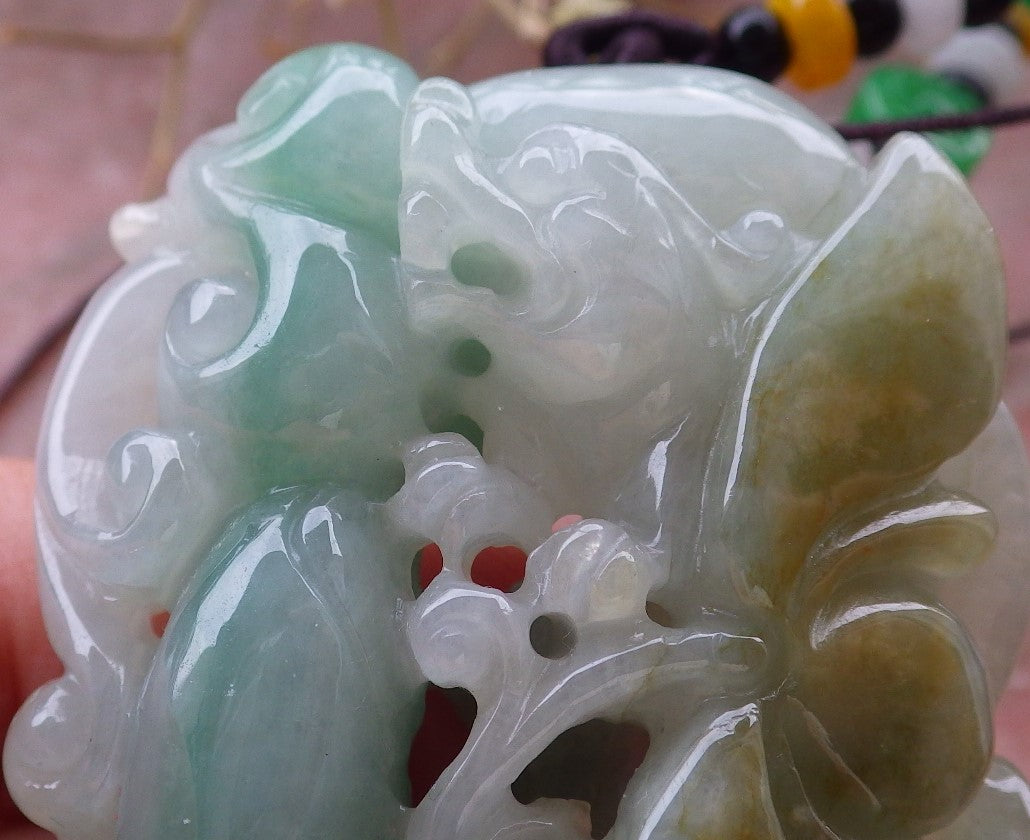 Certified Hand Carved Green Natural Myanmar Burma A Jade jadeite Dragon Lotus Flower Pendant Necklace