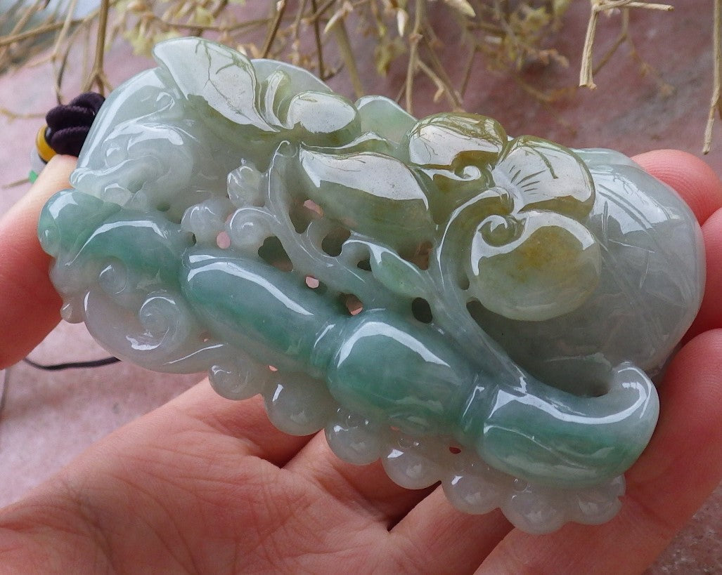 Certified Hand Carved Green Natural Myanmar Burma A Jade jadeite Dragon Lotus Flower Pendant Necklace