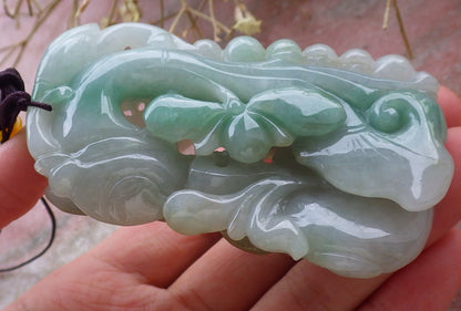 Certified Hand Carved Green Natural Myanmar Burma A Jade jadeite Dragon Lotus Flower Pendant Necklace