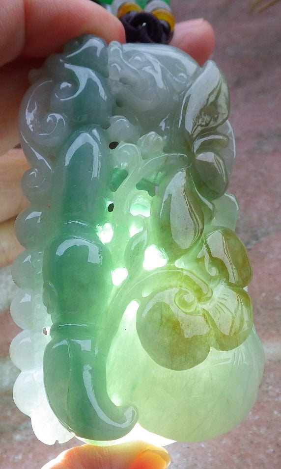Certified Hand Carved Green Natural Myanmar Burma A Jade jadeite Dragon Lotus Flower Pendant Necklace