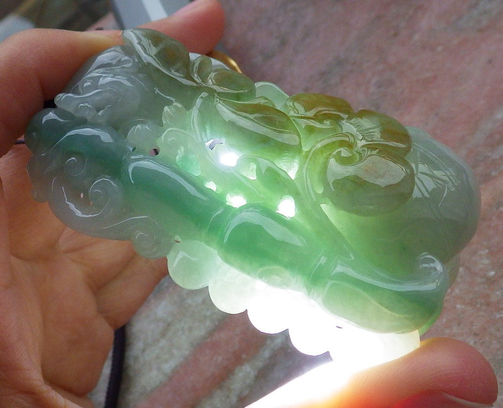 Certified Hand Carved Green Natural Myanmar Burma A Jade jadeite Dragon Lotus Flower Pendant Necklace