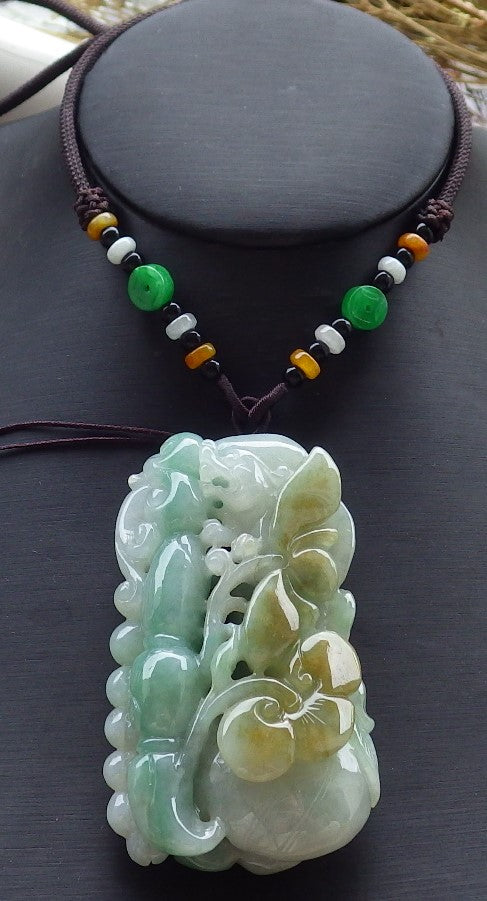 Certified Hand Carved Green Natural Myanmar Burma A Jade jadeite Dragon Lotus Flower Pendant Necklace