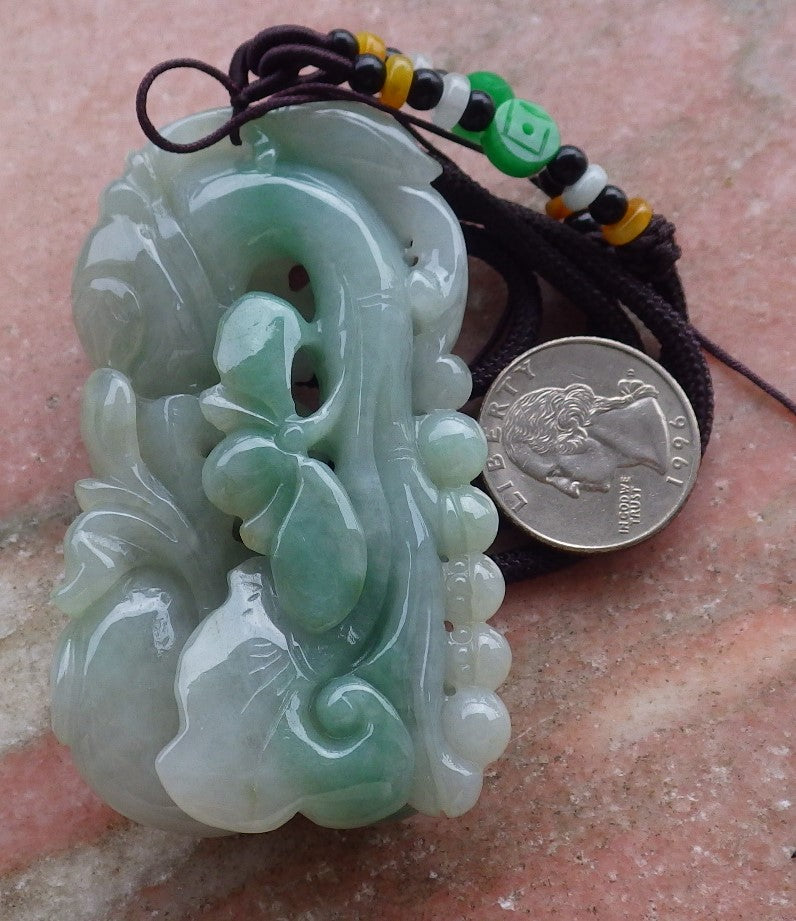 Certified Hand Carved Green Natural Myanmar Burma A Jade jadeite Dragon Lotus Flower Pendant Necklace