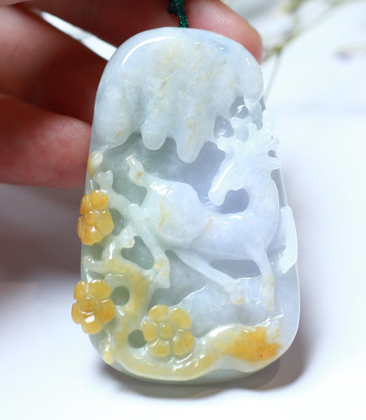 Certified Hand Carved Green Yellow Lavender Natural Myanmar Burma Grade A Jade jadeite Deer Flower Pendant Necklace