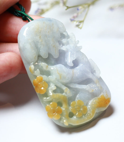 Certified Hand Carved Green Yellow Lavender Natural Myanmar Burma Grade A Jade jadeite Deer Flower Pendant Necklace