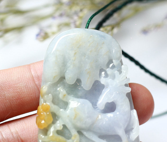 Certified Hand Carved Green Yellow Lavender Natural Myanmar Burma Grade A Jade jadeite Deer Flower Pendant Necklace