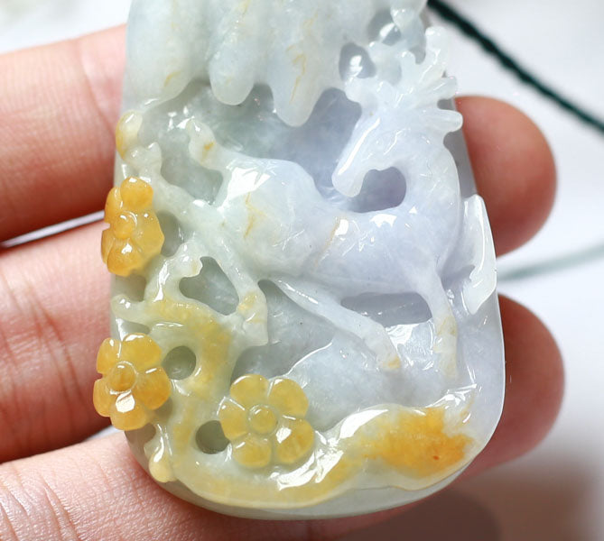 Certified Hand Carved Green Yellow Lavender Natural Myanmar Burma Grade A Jade jadeite Deer Flower Pendant Necklace