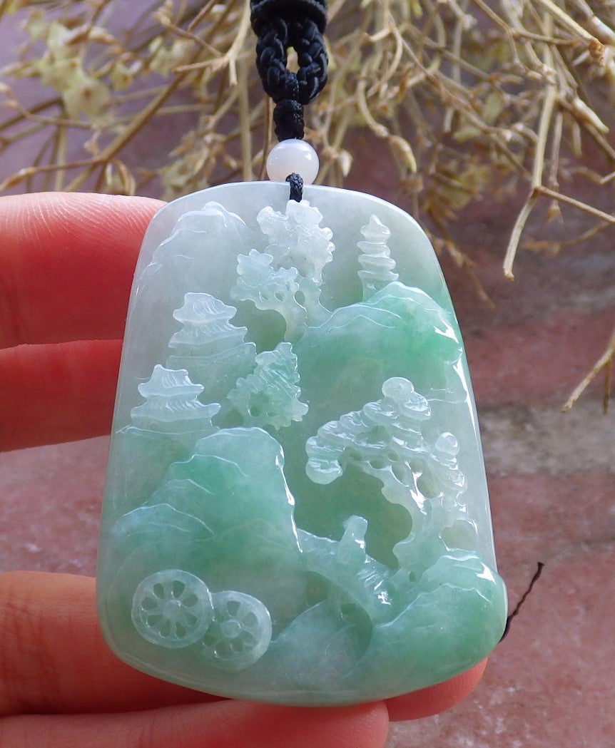 Certified Hand Carved Green Natural Myanmar Burma A Jade jadeite Landscape painting Tree Pendant Necklace