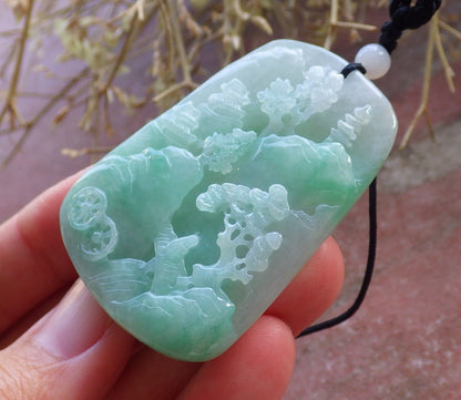 Certified Hand Carved Green Natural Myanmar Burma A Jade jadeite Landscape painting Tree Pendant Necklace