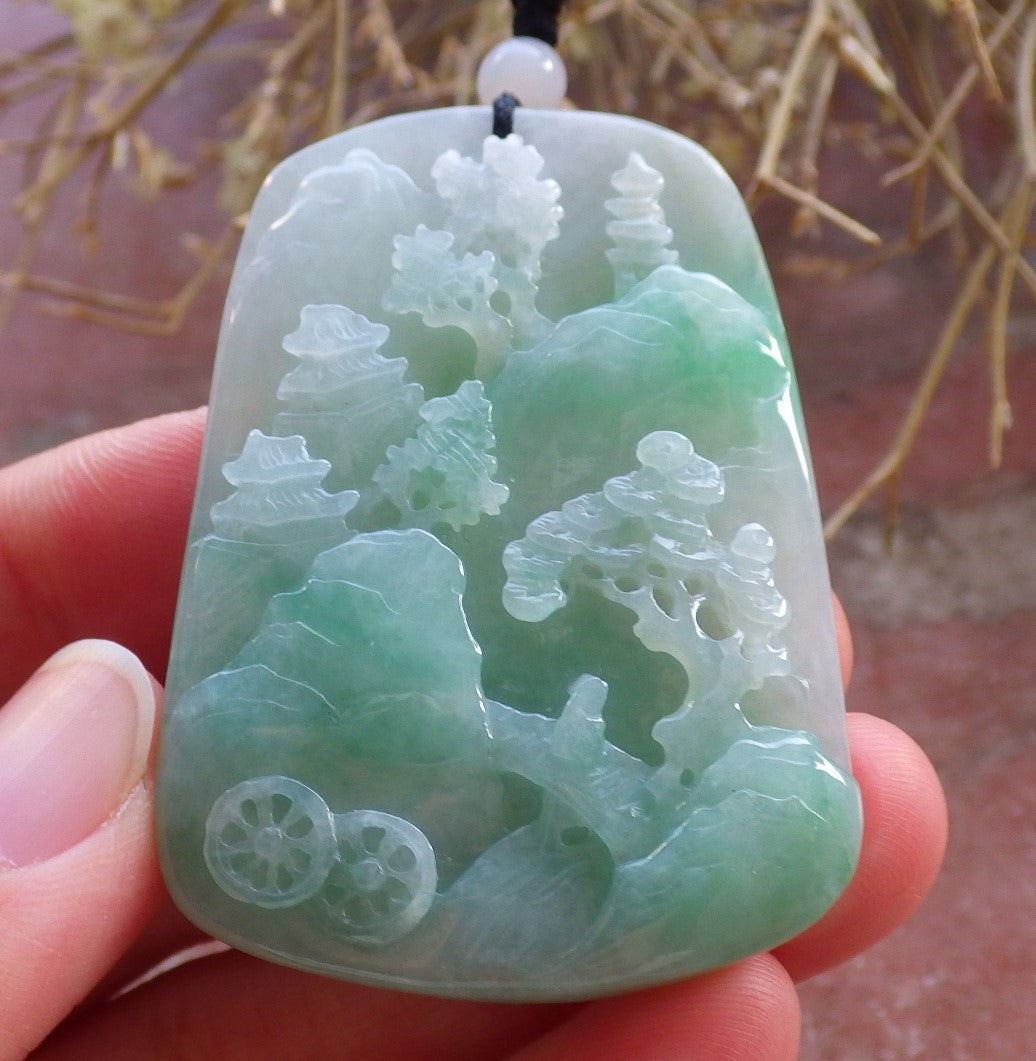 Certified Hand Carved Green Natural Myanmar Burma A Jade jadeite Landscape painting Tree Pendant Necklace