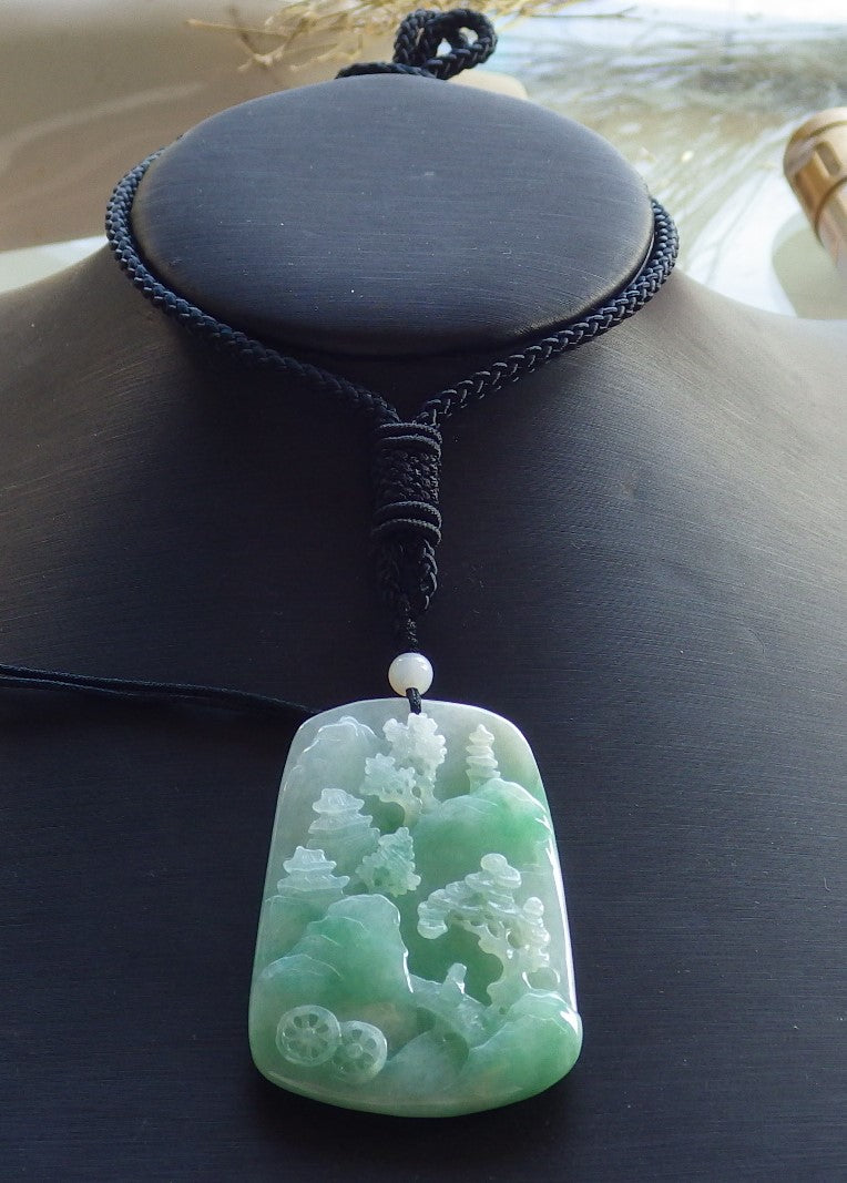 Certified Hand Carved Green Natural Myanmar Burma A Jade jadeite Landscape painting Tree Pendant Necklace